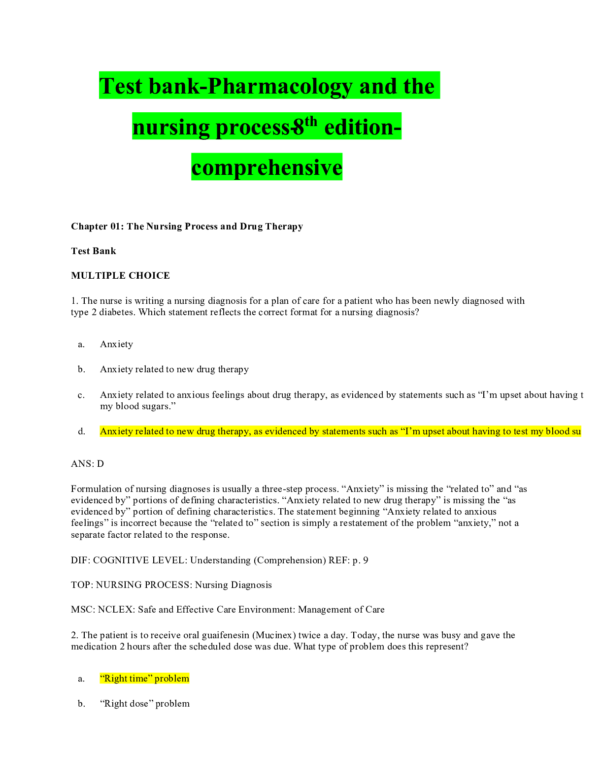 Preview image for Test bank-Pharmacology and the nursing process - 8th edition-comprehensive